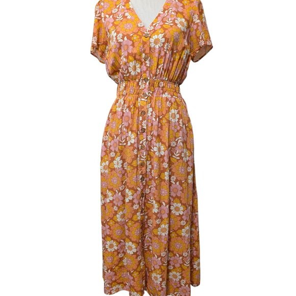 Marine Layer Womens Size M Orange Brown Annika Floral S/S Button Up Midi Dress - Picture 2 of 11